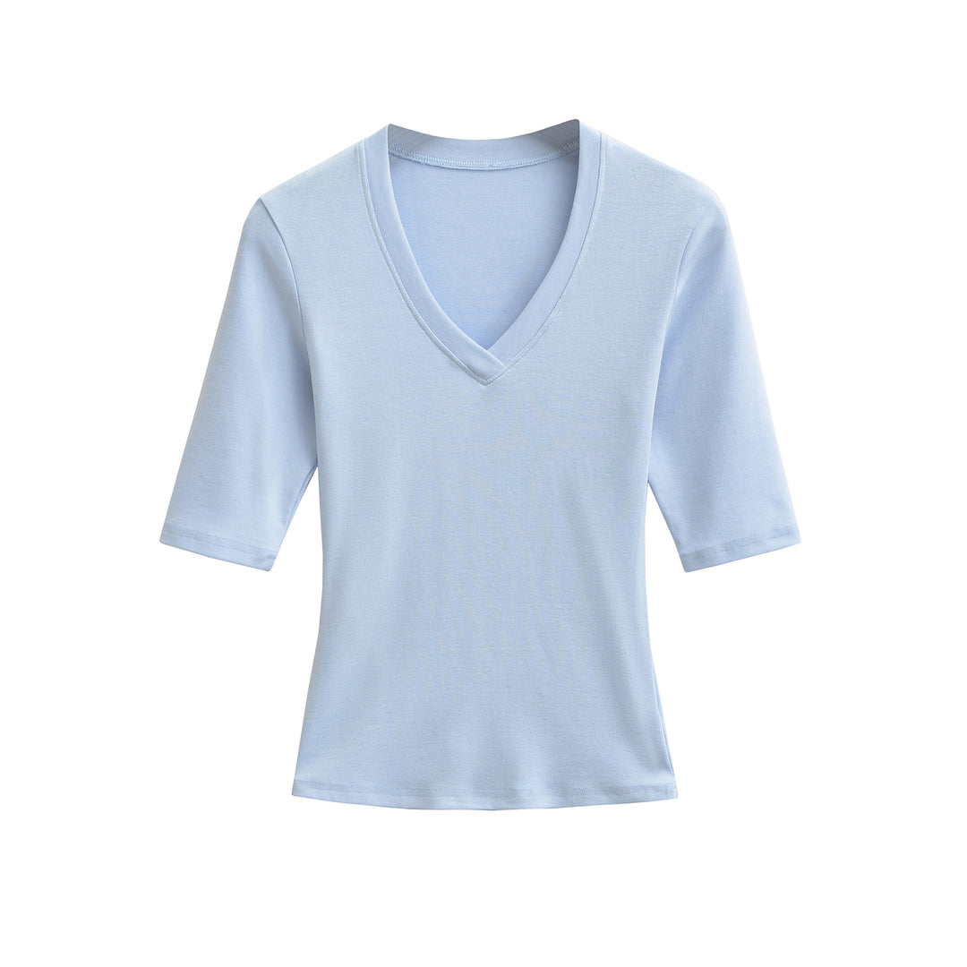 Women's Fitted V-Neck Three-Quarter Sleeve Fine Rib Top made of Stretch Jersey Mune Fashion