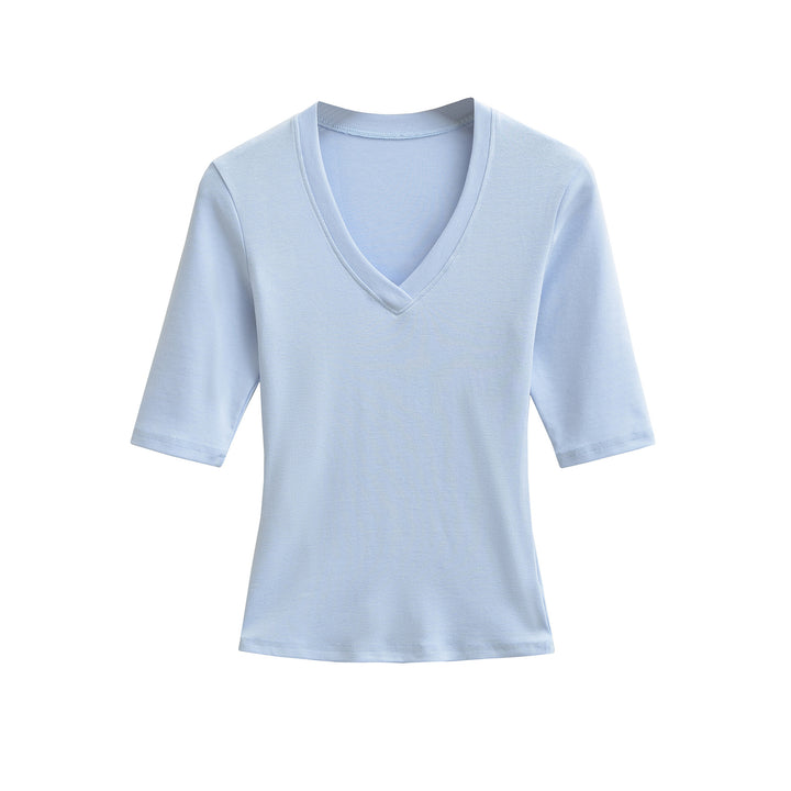 Women's Fitted V-Neck Three-Quarter Sleeve Fine Rib Top made of Stretch Jersey Mune Fashion