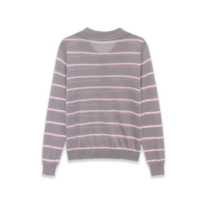 Women Striped Fine Knit Polo with Button Placket and Ribbed Cuffs Mune Fashion