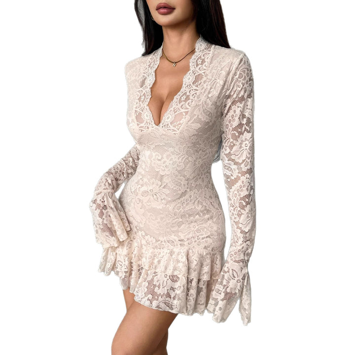 Women nan tailored lace mini dress with deep V-neck, trumpet sleeves and tiered ruffle Mune Fashion