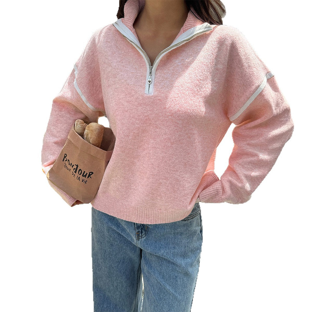 Women's oversized knitted pullover with half zip, contrast piping and drop shoulder Mune Fashion