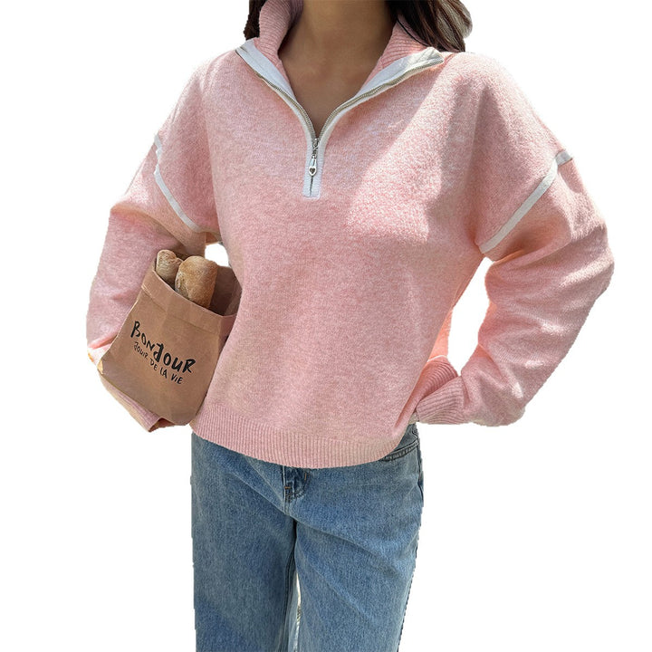 Women's oversized knitted pullover with half zip, contrast piping and drop shoulder Mune Fashion
