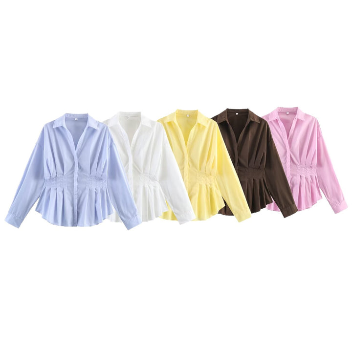 Women Tailored Blouse with Pleats, Integrated Drawstring and Shirt Collar Mune Fashion