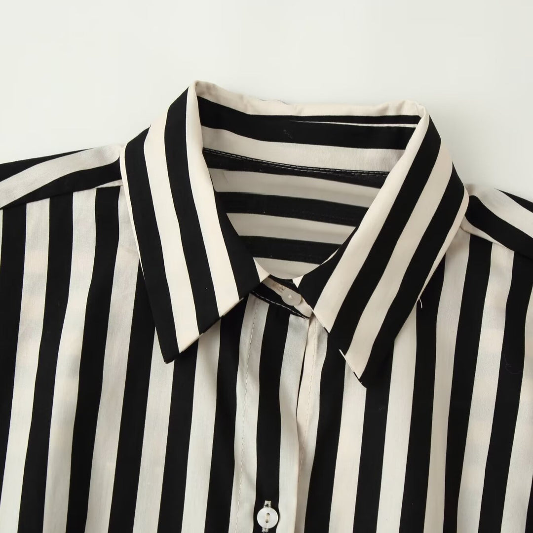 Women's Striped Shirt Blouse with Long Sleeves and Contrasting Waist Belt Mune Fashion