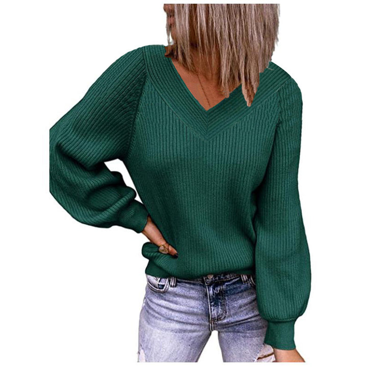 Women Ribbed V-Neck Sweater with Balloon Sleeves and Casual Fit Mune Fashion