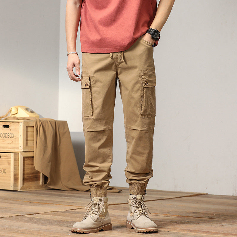 Men's Multifunctional Canvas Cargo Pants in Jogger Style with Elastic Ankle Cuffs, Flap Pockets, and Knee Reinforcement Mune Fashion