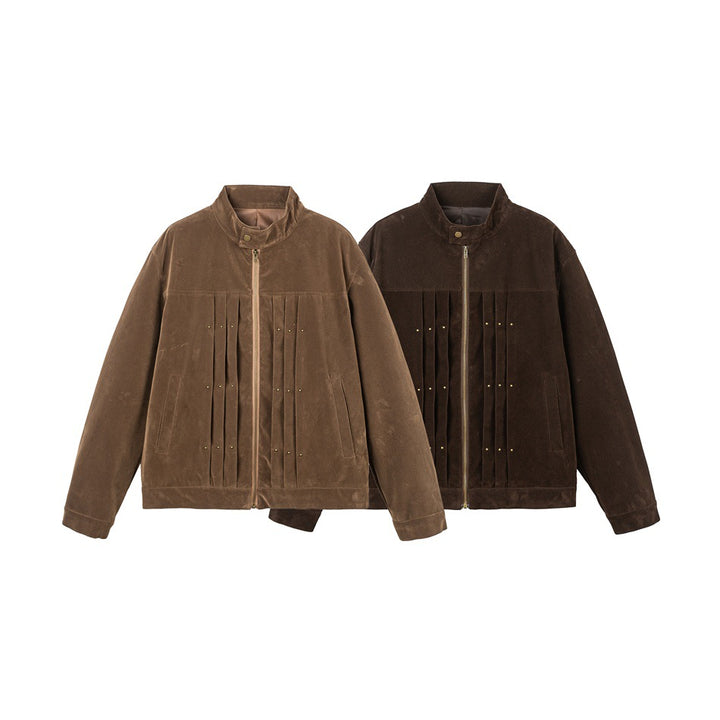 Men's Velour Leather Look Blouson Jacket with Pleated Yoke and Stud Detail Mune Fashion