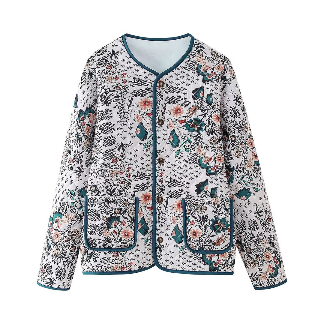 Ladies' quilted blouse jacket with floral-ethnic print, light padding and contrasting piping Mune Fashion