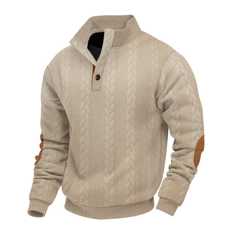 Men's cable knit turtleneck with stand-up collar, half button placket, and contrasting leather applications Mune Fashion