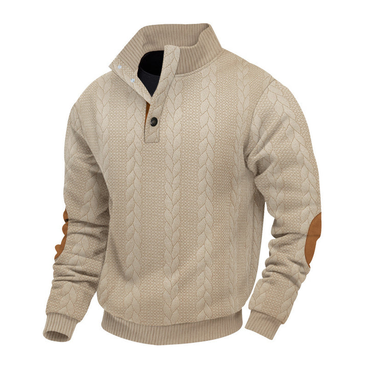 Men's cable knit turtleneck with stand-up collar, half button placket, and contrasting leather applications Mune Fashion