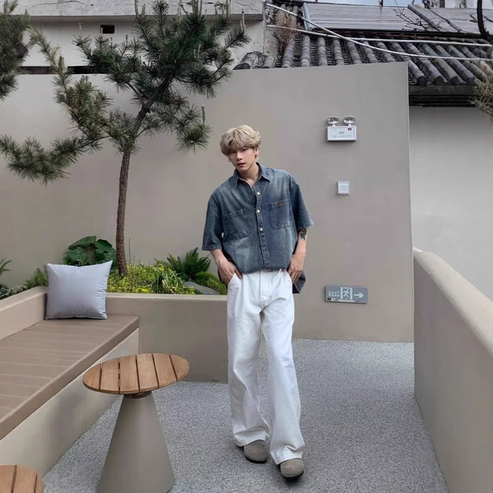 Men's Short Sleeve Denim Shirt Mune Fashion