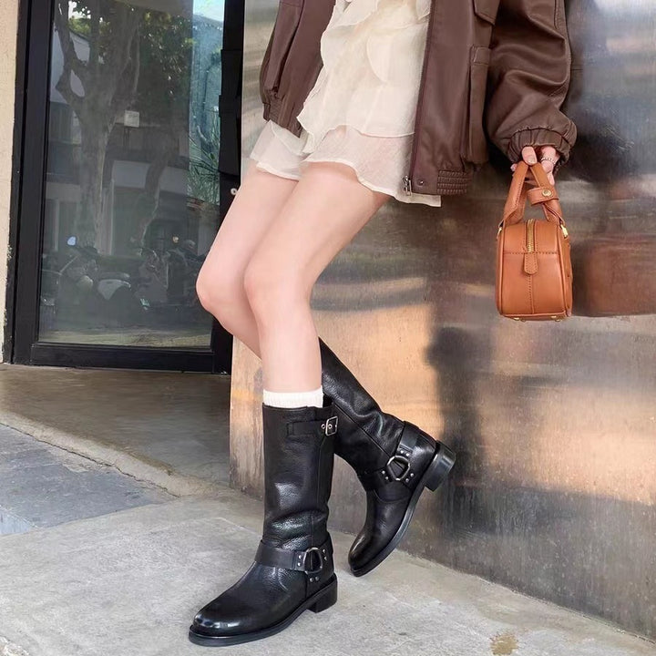 Women's knee-high leather biker boots with harness straps & adjustable shaft buckle Mune Fashion