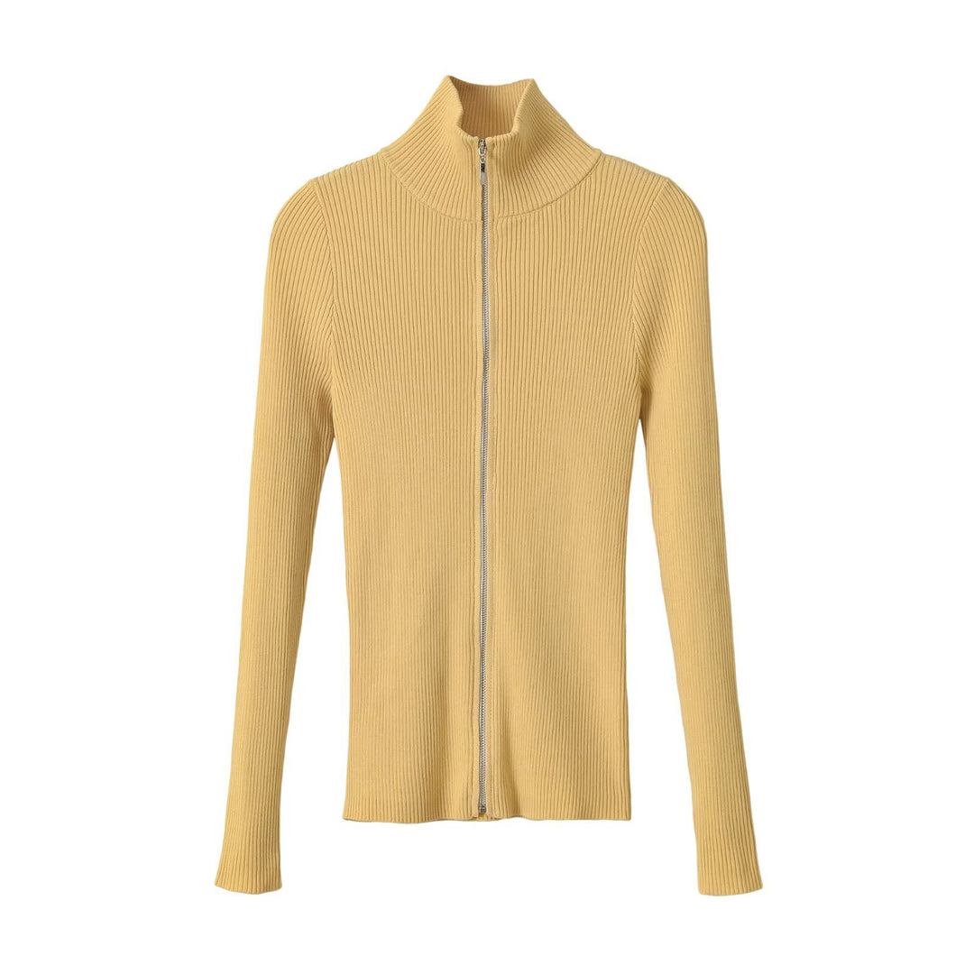 Women's Ribbed Fine Knit Cardigan with Full Zip and Stand-Up Collar Mune Fashion