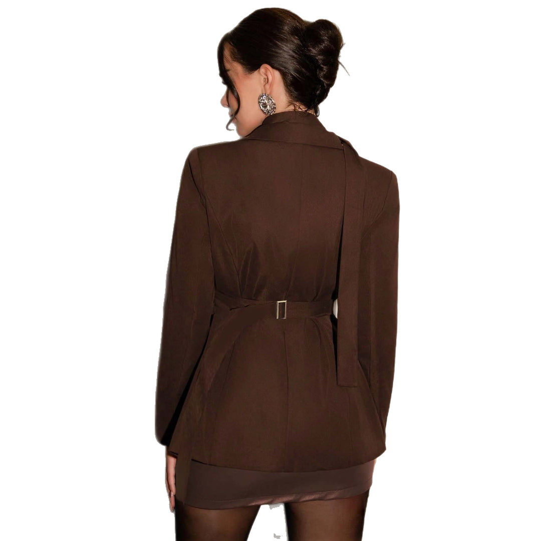 Women's Longline Blazer with Integrated Scarf and Double-Breasted Button Placket Mune Fashion