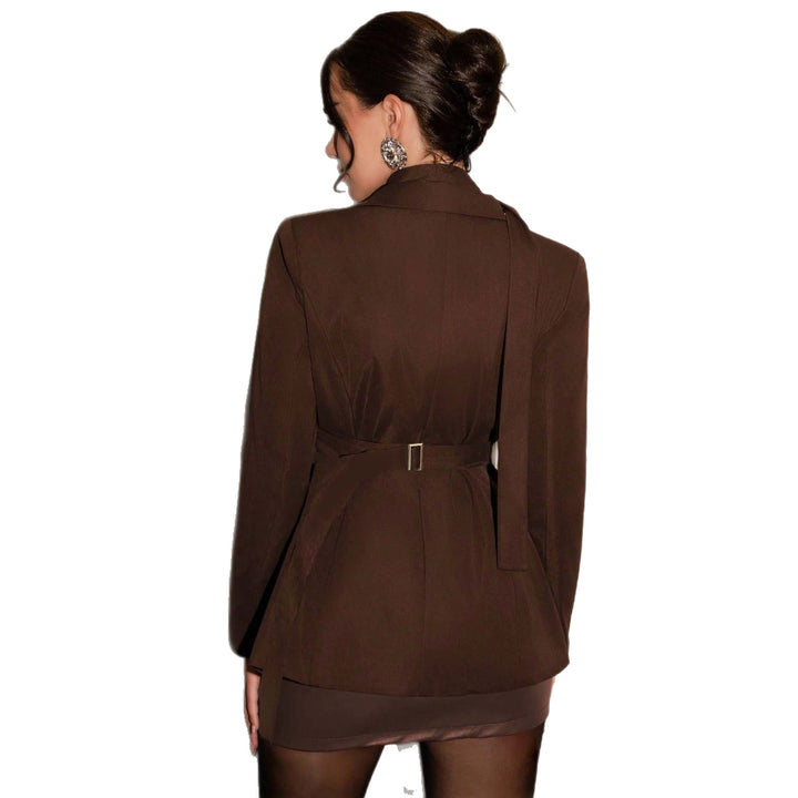 Women's Longline Blazer with Integrated Scarf and Double-Breasted Button Placket Mune Fashion