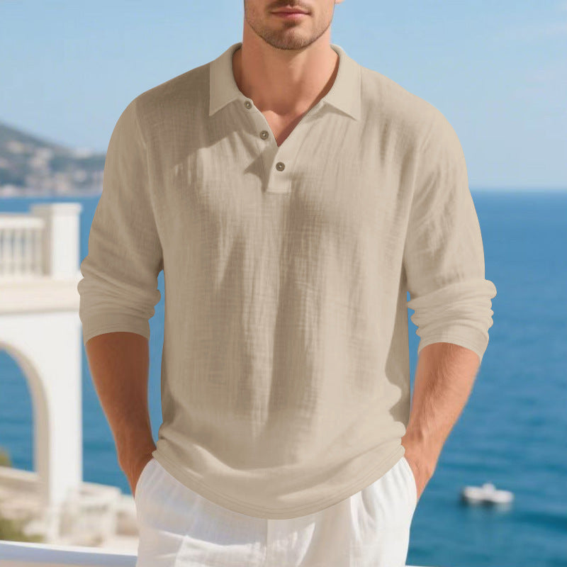 Men's light linen polo with long sleeves and open shirt collar Mune Fashion