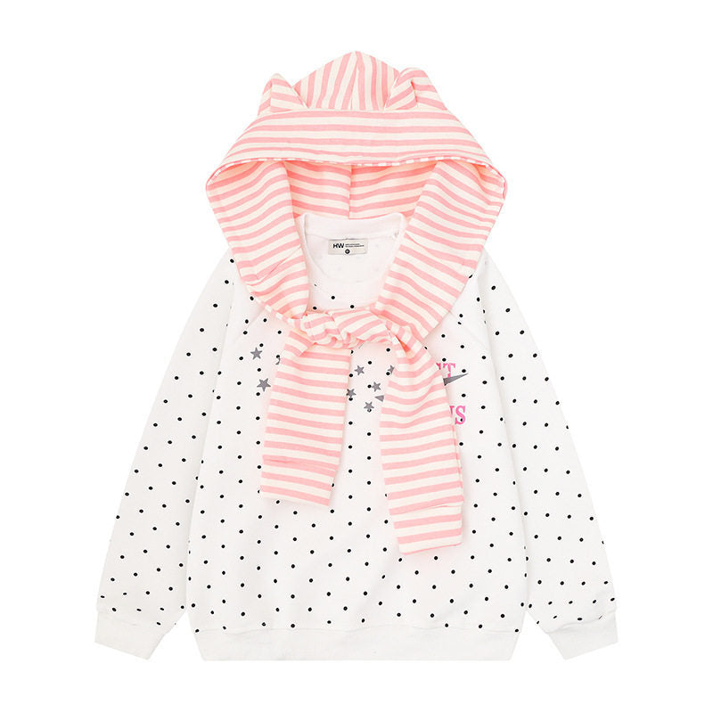 Women's Polka Dot Sweatshirt with Attached Striped Hood-Scarf and Star Appliqué Mune Fashion