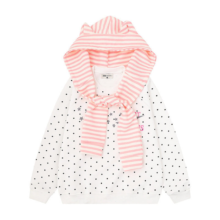 Women's Polka Dot Sweatshirt with Attached Striped Hood-Scarf and Star Appliqué Mune Fashion