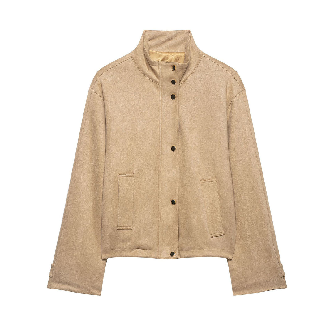 Ladies Short Boxy Jacket in Velour Look with Stand-Up Collar and Press Stud Placket Mune Fashion