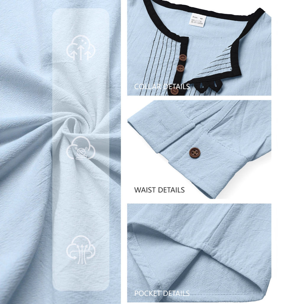 Men's Casual Linen Blend Long Sleeve Shirt with Decorative Button Placket and Decorative Stitching Mune Fashion