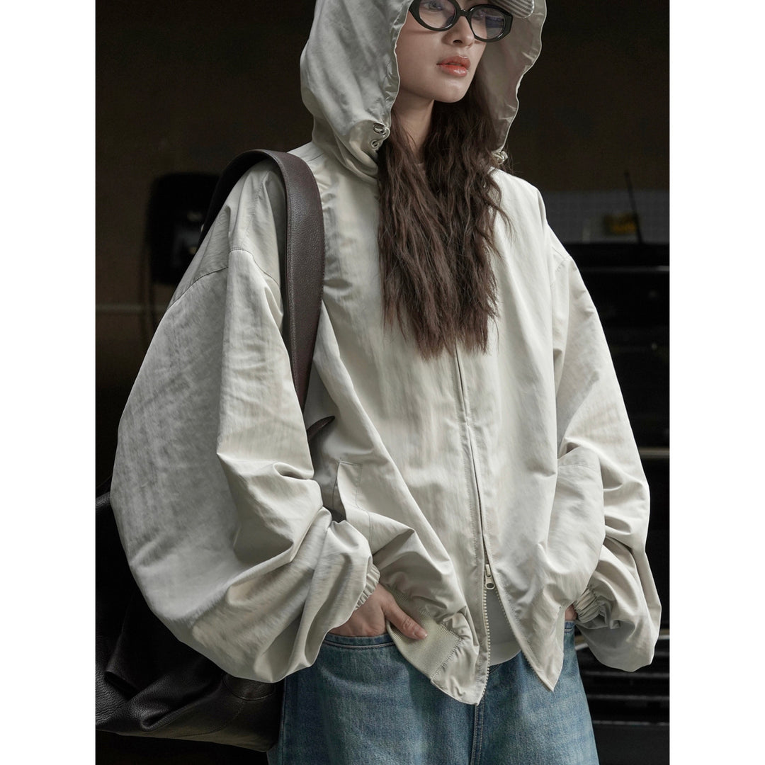 Women's Lightweight Oversized Windbreaker Bomber with Drawstring Hood and Ribbed Hem Mune Fashion