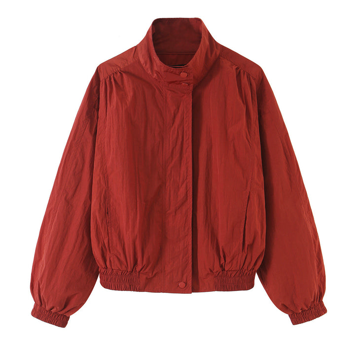 Women's Lightweight Cropped Bomber Jacket with Stand Collar, Elastic Hem and Snap Button Placket Mune Fashion