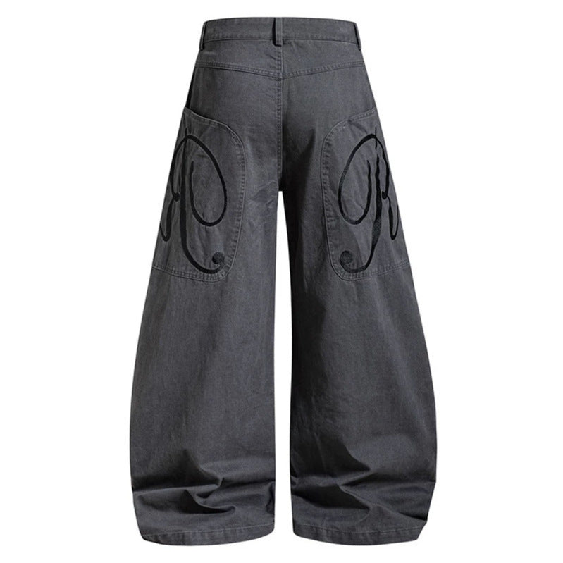 Women's Wide Denim Palazzo Pants with Balloon Hem and Attached Logo Pockets Mune Fashion