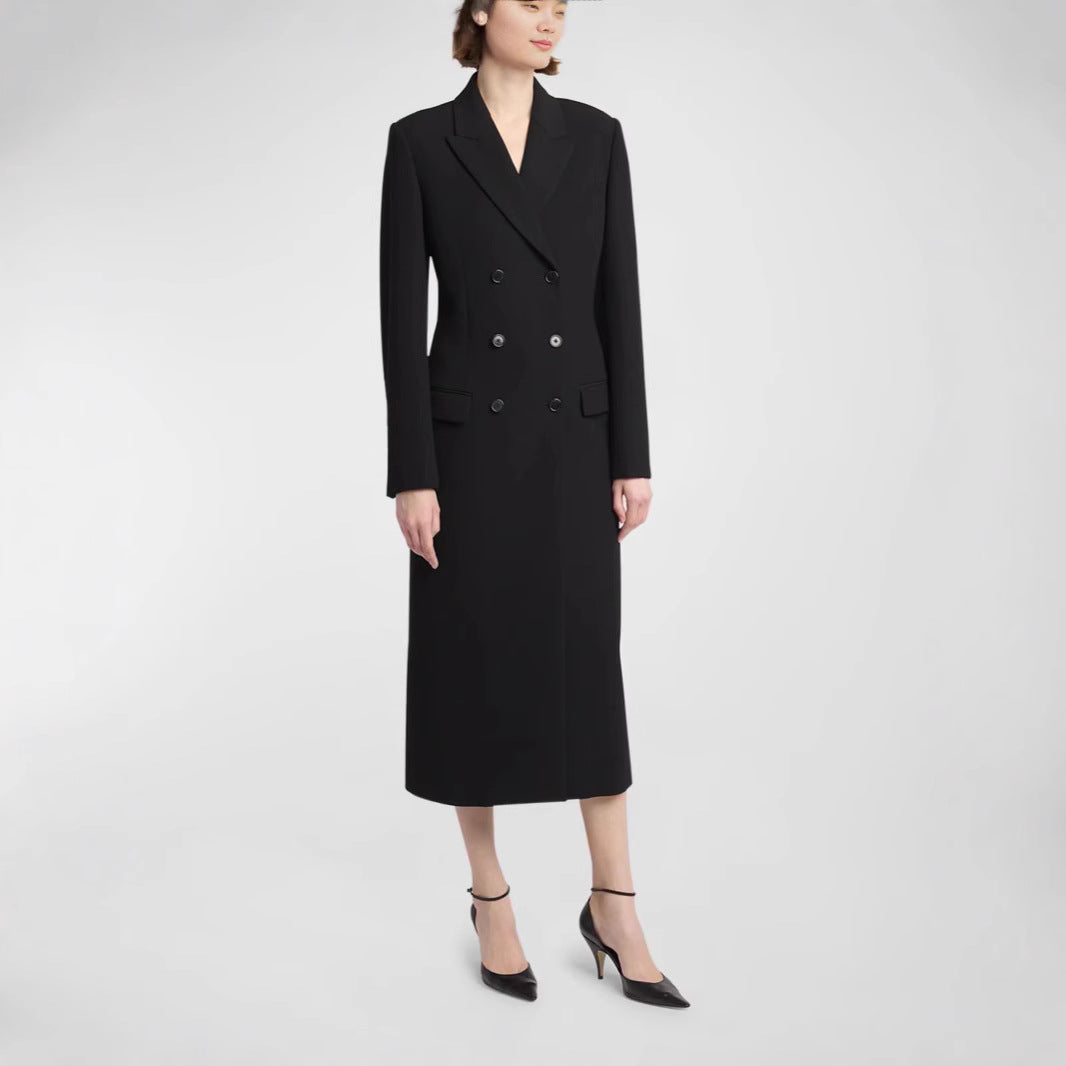 Women Mid-length Double-breasted Blazer Coat with Structured Shoulder and Slim Fit Mune Fashion