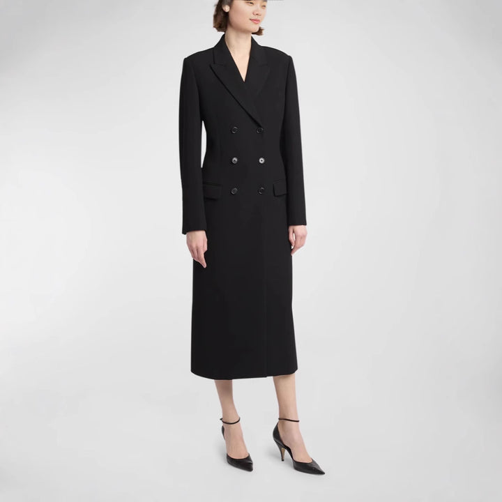 Women Mid-length Double-breasted Blazer Coat with Structured Shoulder and Slim Fit Mune Fashion