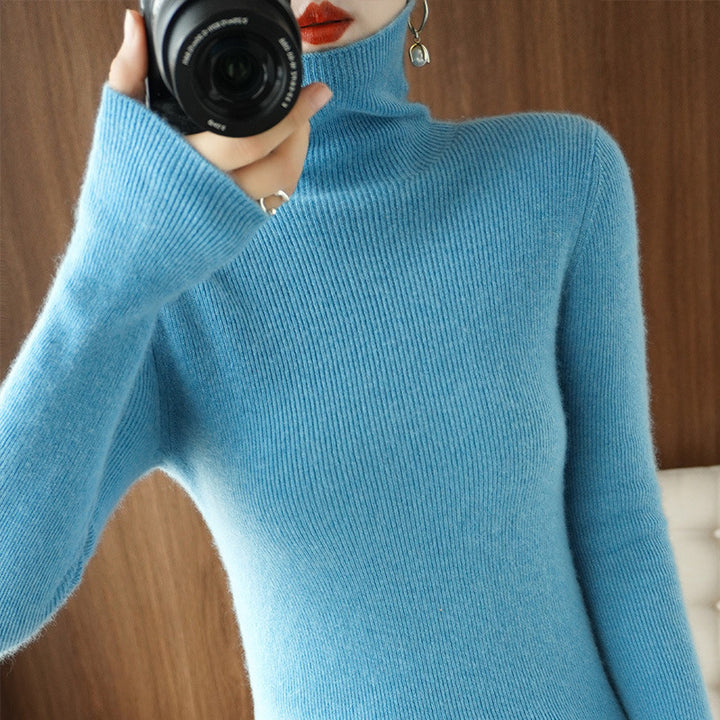 Women's Slim Roll Neck Sweater made of Cashmere Mix with Extra Long Sleeve Cuffs Mune Fashion