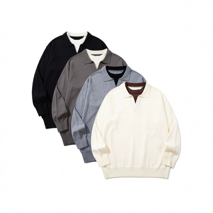 Unisex Oversize fine knit pullover with open Henley neckline and contrasting inner collar Mune Fashion