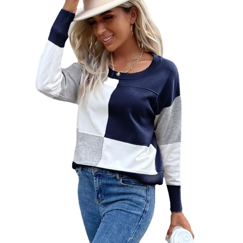 Women's casual fine knit sweater in block check pattern with ribbed hem and relaxed fit Mune Fashion