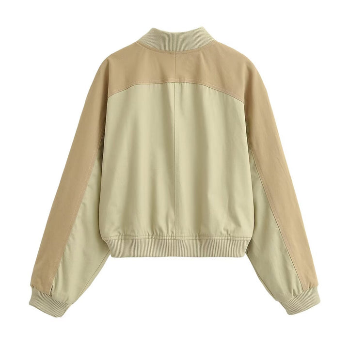 Women's Short Cut Colorblock Bomber Jacket with Raglan Sleeves and Ribbed Cuffs Mune Fashion