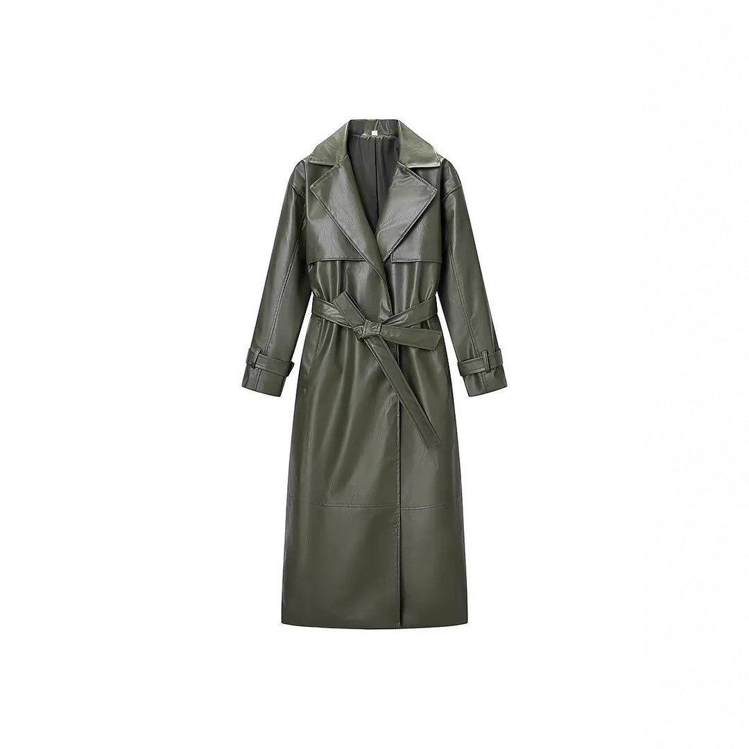 Women nan longer faux leather coat with wide shawl collar waist belt and concealed button placket Mune Fashion