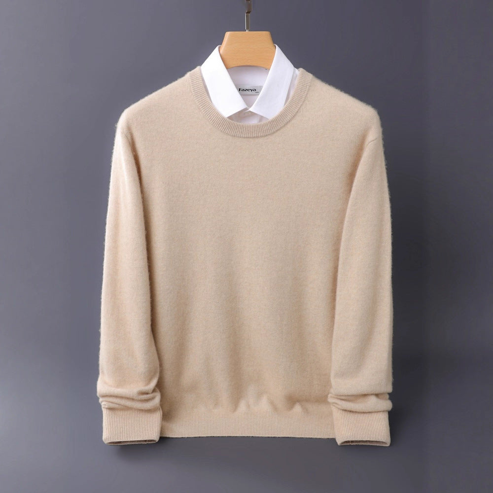 Men's Fine Round Neck Knit Sweater in Cashmere Look with Ribbed Cuffs Mune Fashion