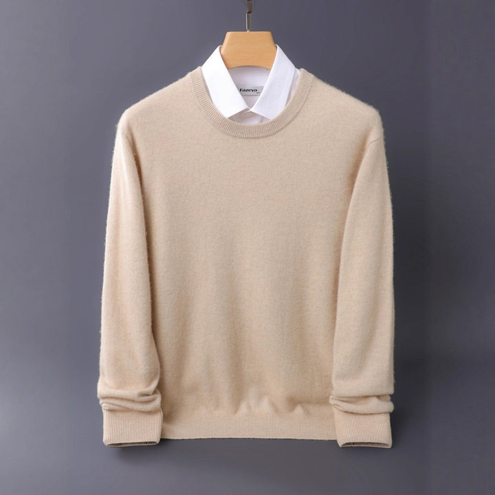 Men's Fine Round Neck Knit Sweater in Cashmere Look with Ribbed Cuffs Mune Fashion
