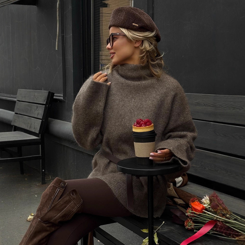 Women Oversize Mohair-Mix Roll-neck Sweater Dress with Balloon Sleeves and Waist Belt Mune Fashion