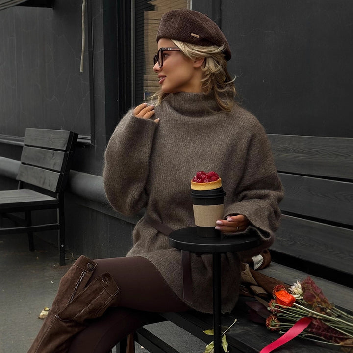 Women Oversize Mohair-Mix Roll-neck Sweater Dress with Balloon Sleeves and Waist Belt Mune Fashion