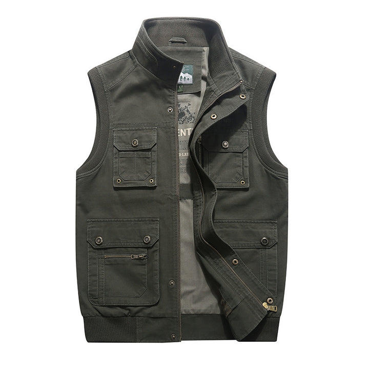Men's Canvas Utility Vest with Multiple Front Pockets, Zipper and High Stand-Up Collar Mune Fashion