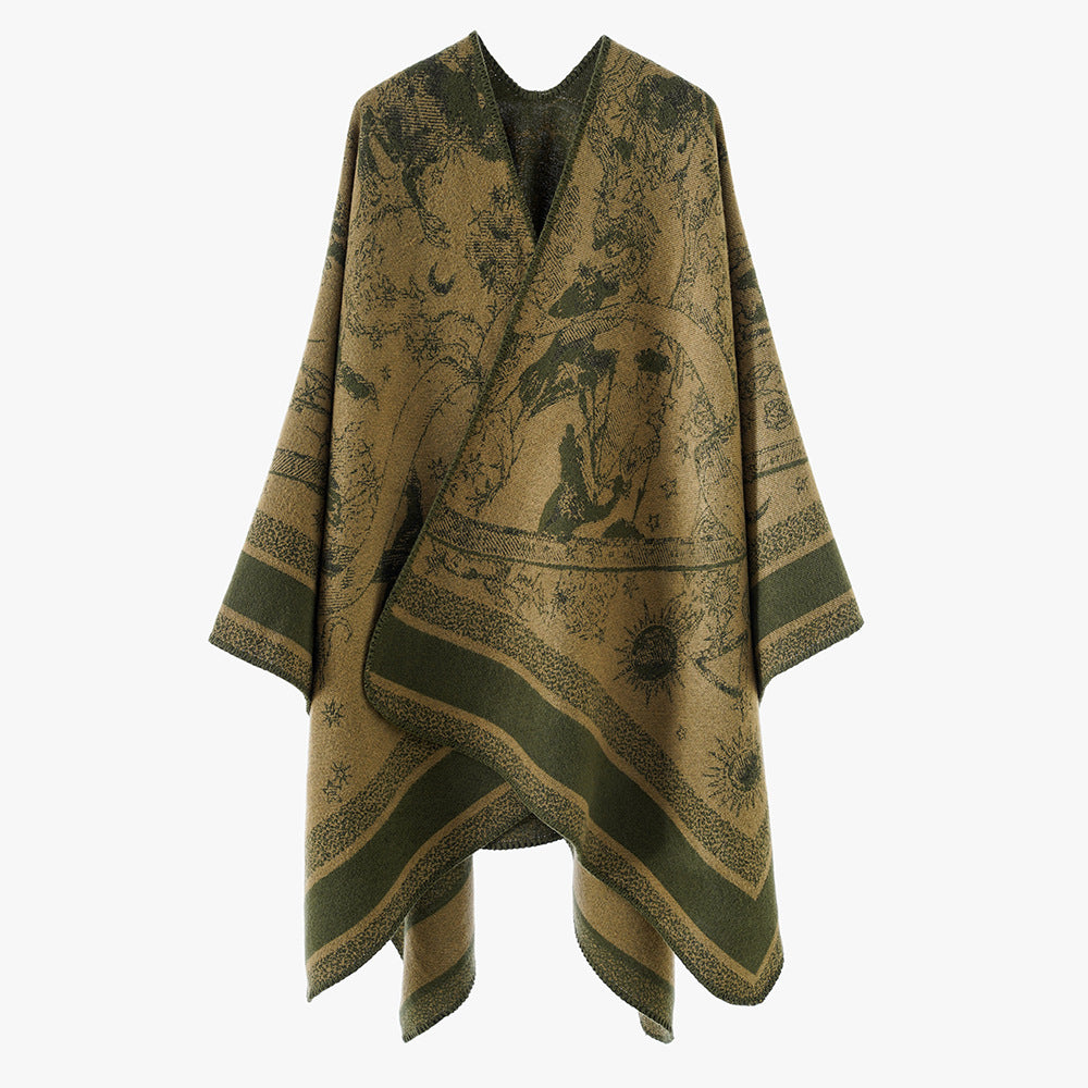 Women's Jacquard Cape Poncho with double-sided weave structure and V-neck Mune Fashion