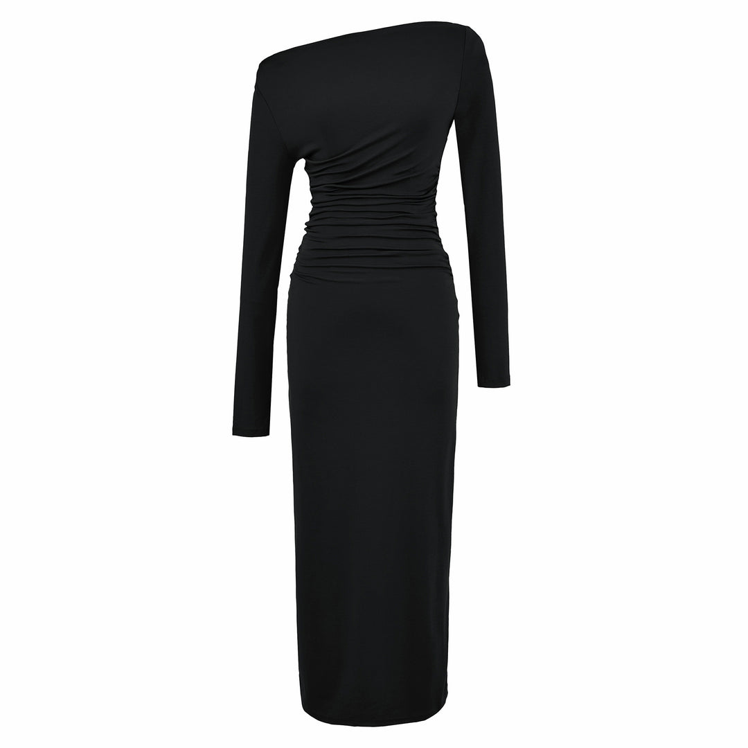 Women One-Shoulder Midi Dress with Long Sleeve and Side Gathering Mune Fashion
