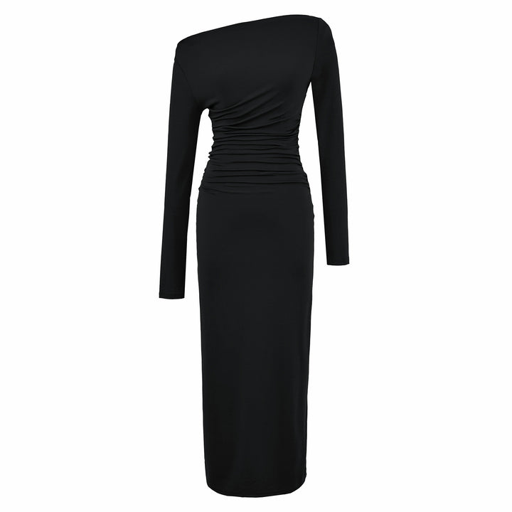 Women One-Shoulder Midi Dress with Long Sleeve and Side Gathering Mune Fashion