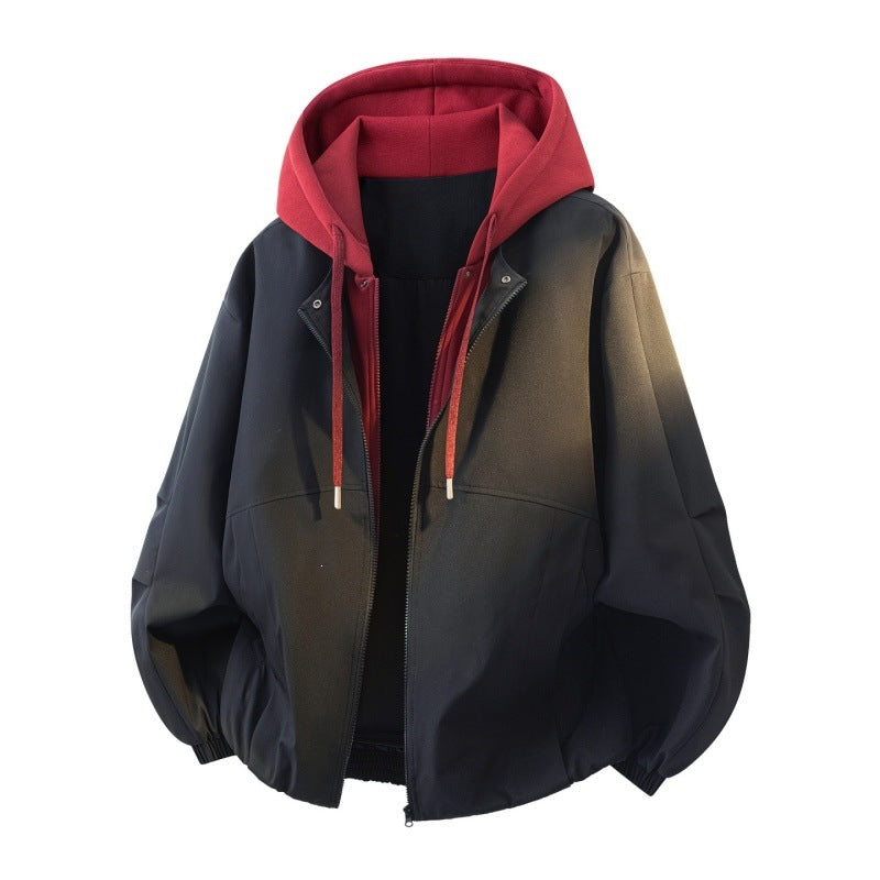 Men's Oversize Layered Look Bomber Jacket with Contrasting Hooded Inner Jacket and Elastic Hem Mune Fashion