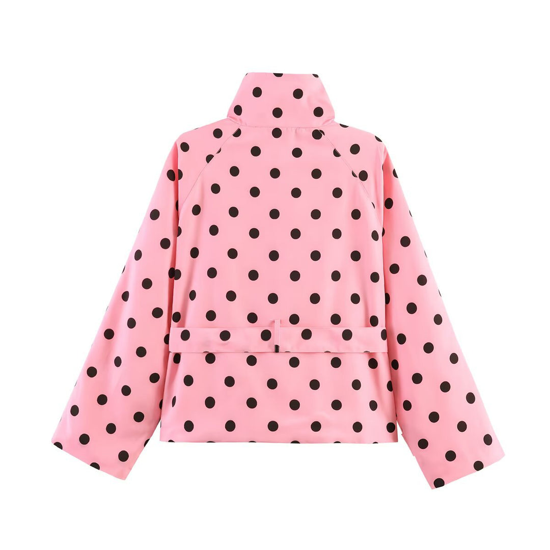 Women's Short Cut Raincoat with Polka Dot Pattern and Tie Belt Mune Fashion
