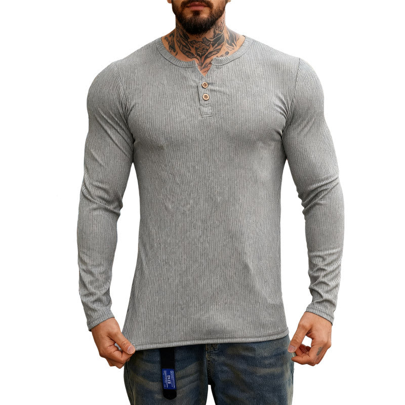 Men's ribbed long-sleeve Henley shirt with flat button placket and fitted stretch fit Mune Fashion