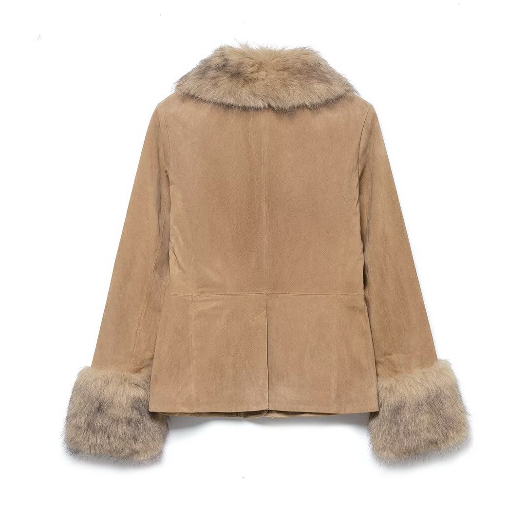 Women's short suede jacket with voluminous fur collar and wide fur cuffs Mune Fashion
