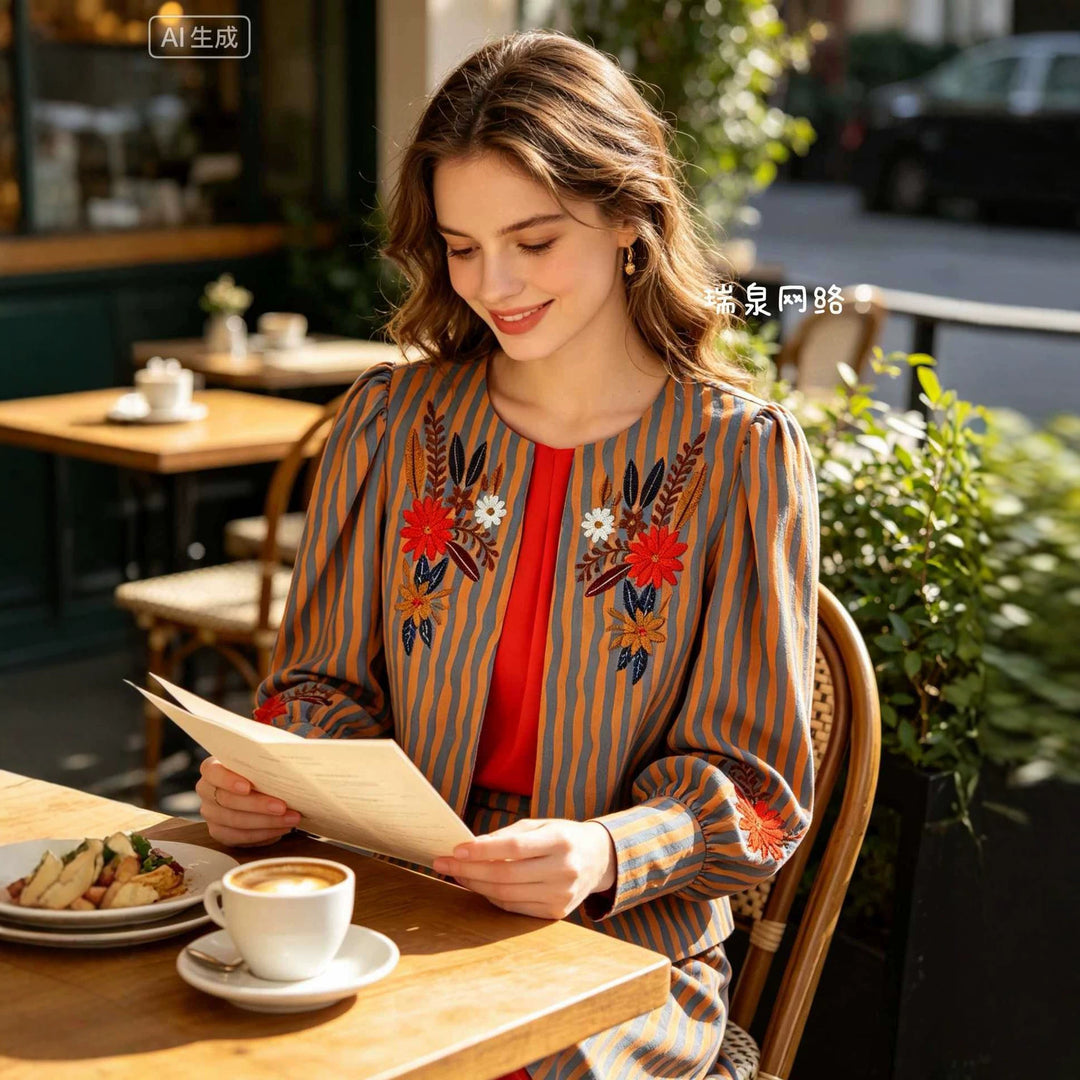 Women Lightweight Striped Blouse Jacket with Floral Embroidery and Cuffs Mune Fashion