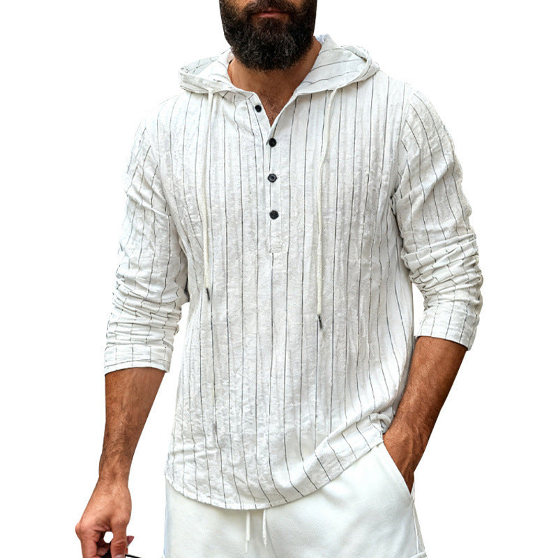 Men's linen blend hoodie shirt with half button placket and pinstripes Mune Fashion