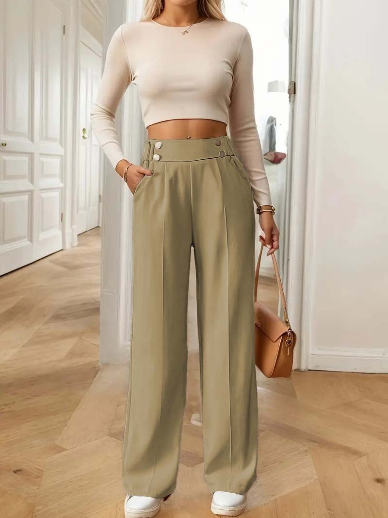 Women's High-Waisted Wide Marlene Pants with Decorative Button Waistband and Ironed Pleat Mune Fashion