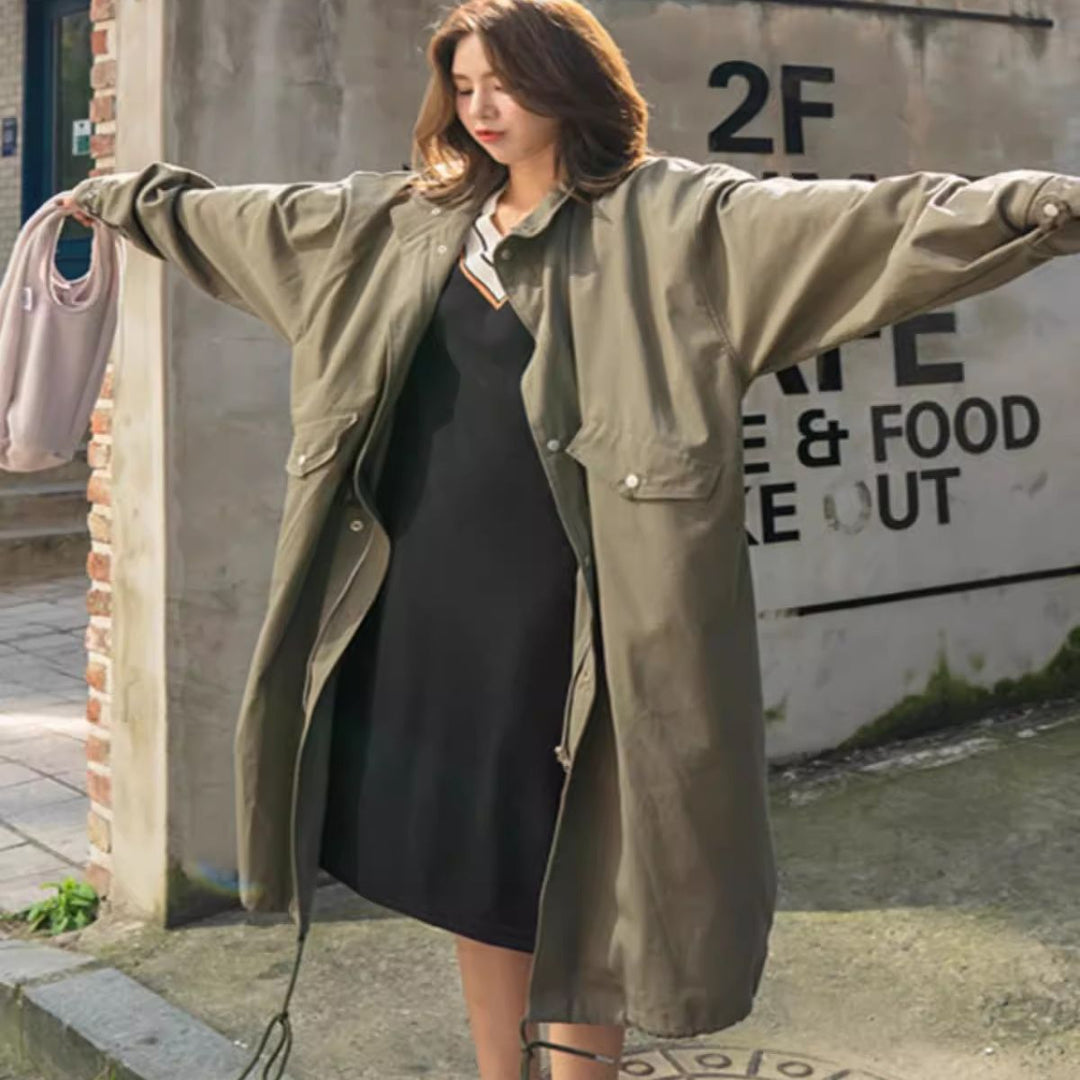 Women's Long Oversize Windbreaker in Utility Look with Flap Pockets Mune Fashion